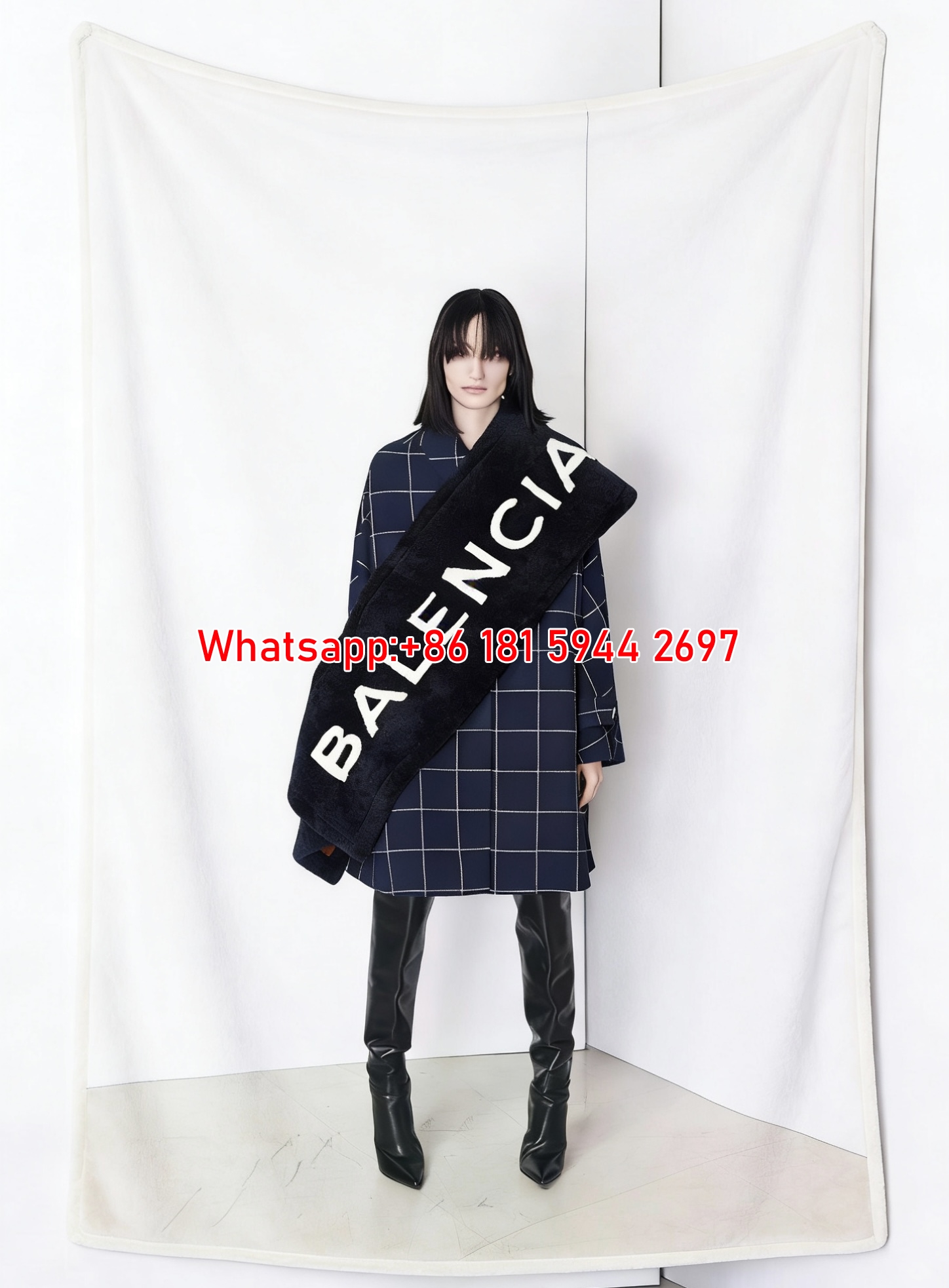 Balenciaga Navy Plaid Flannel Throw Blanket for Sofa BA464